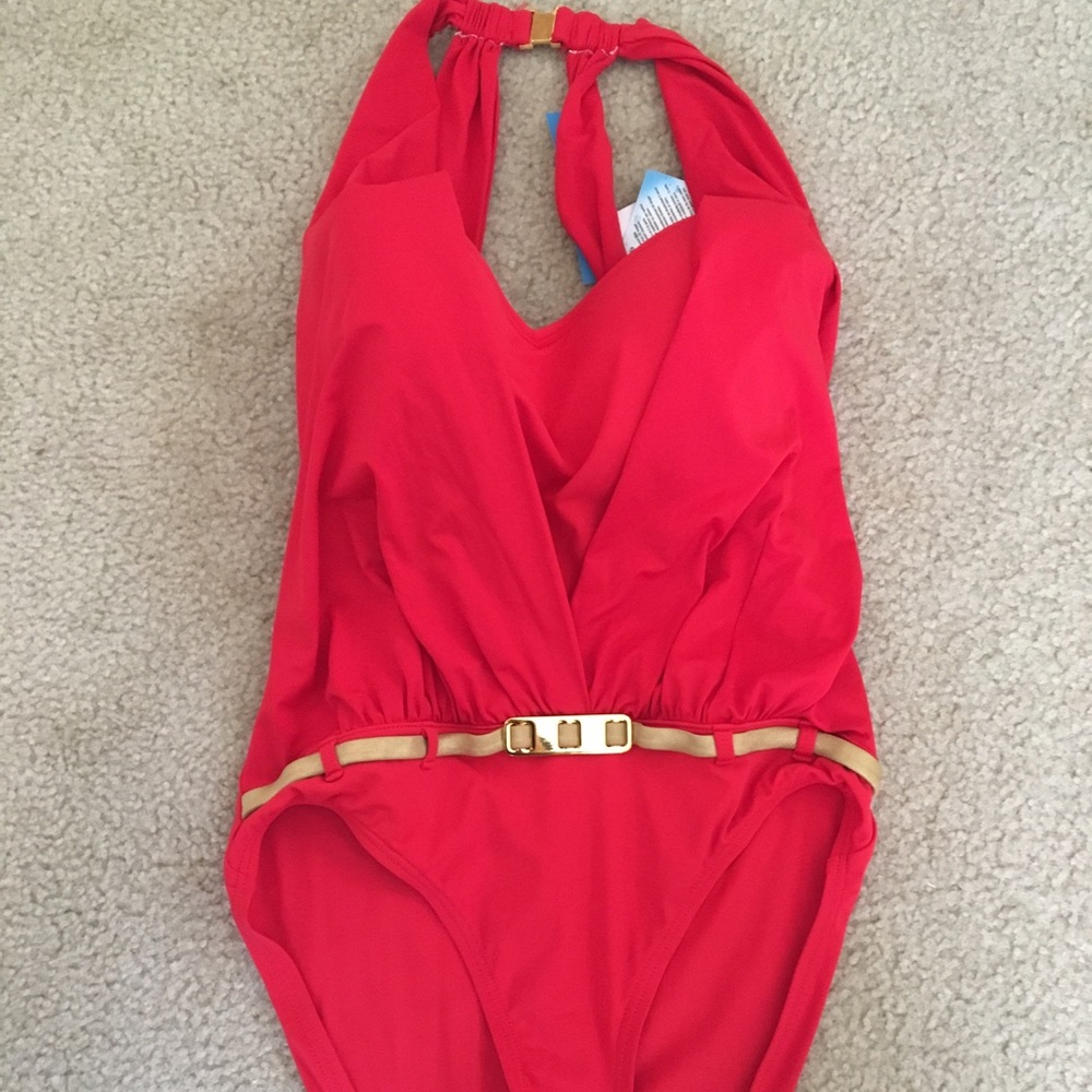 Rod Beattie red swimsuit with gold belt